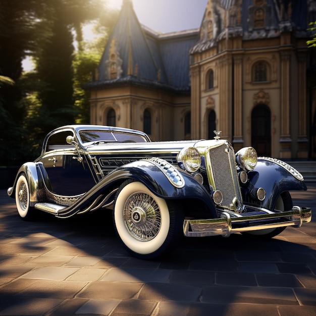 Vintage car on the background of the church 3d render