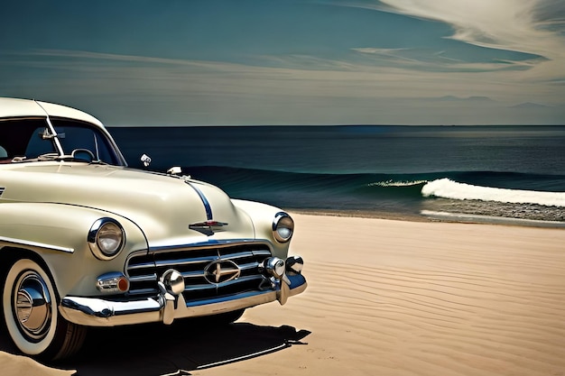 A vintage car on the beach with the word beach in the background