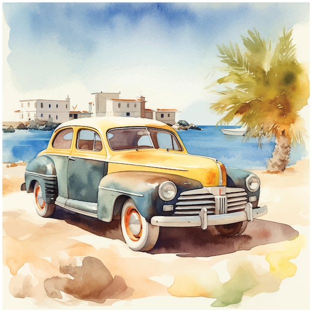 Vintage car in beautiful beach watercolor paint