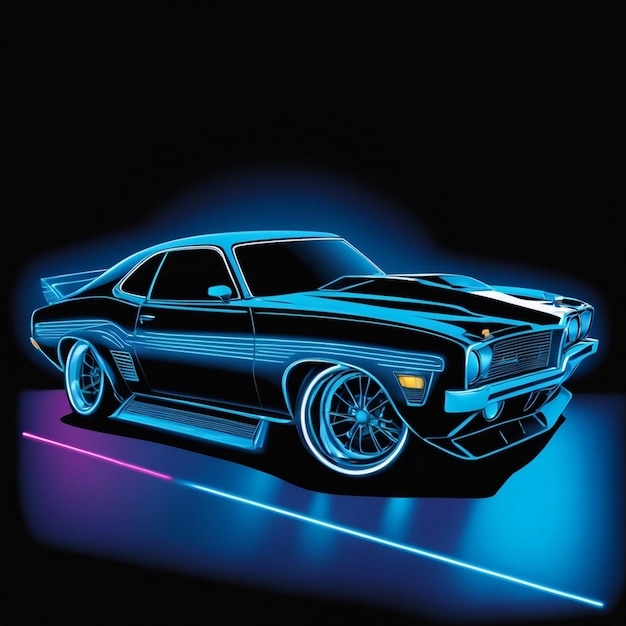 vintage car on a blue outline neon effect