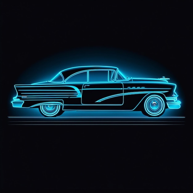 Photo vintage car on a blue outline neon effect