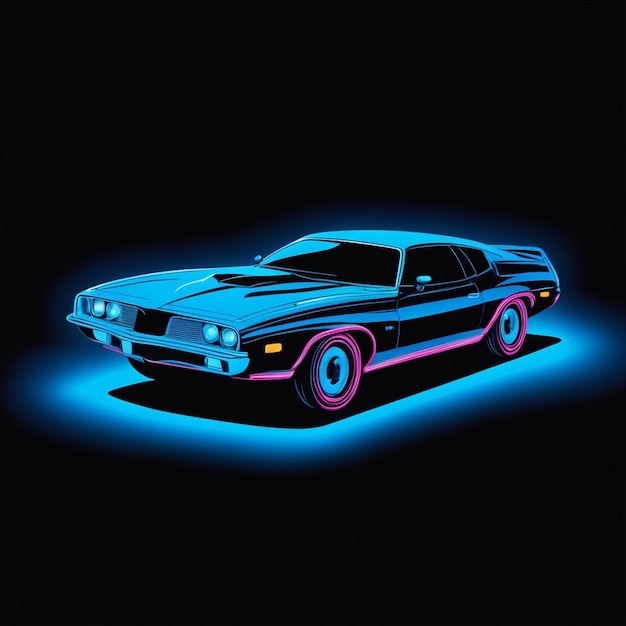 vintage car on a blue outline neon effect