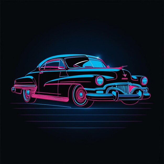 vintage car on a blue outline neon effect