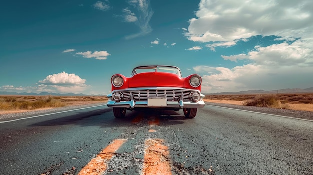 Vintage car on a deserted paved road