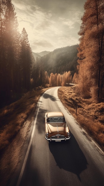 A vintage car drives down a country road with a sunset in the background.