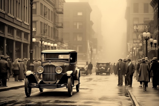 A vintage car drives down a street in the fog.