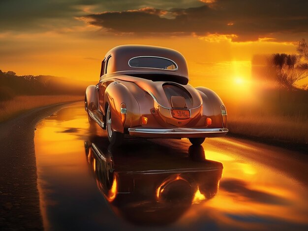 Vintage car driving on an old road sunset golden reflection