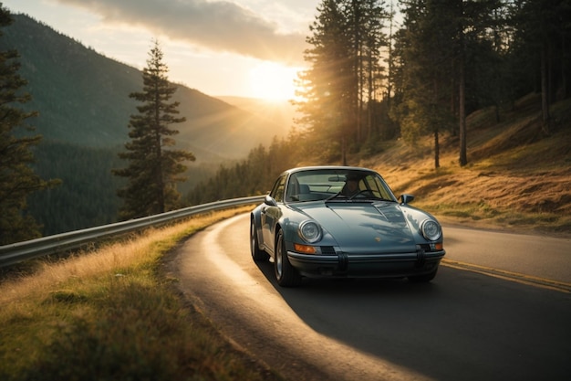 Photo vintage car driving on the road in the mountains at sunset