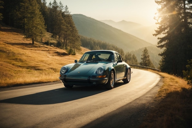 Vintage car driving on the road in the mountains at sunset