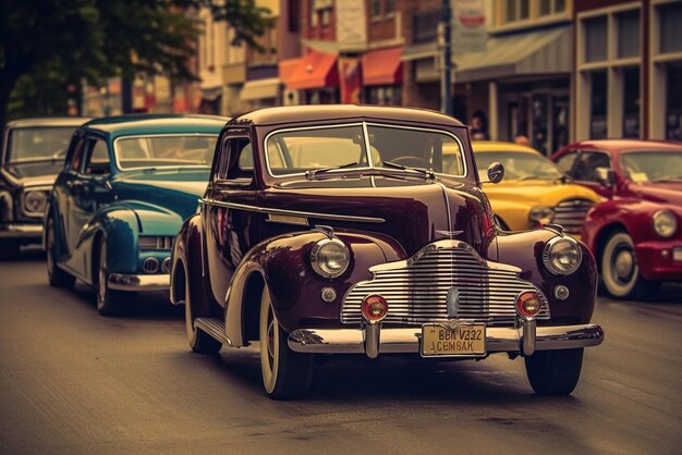 Старый автомобиль ездит по городским улицам с ретро-очарованием и архитектурным фоном