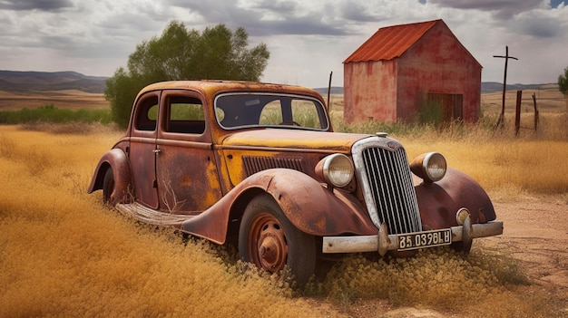 A vintage car in a field with a barn in the background.