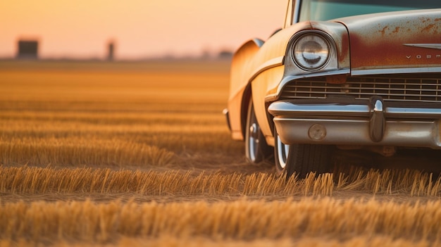 A vintage car in a field with the sun setting