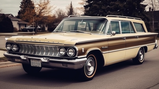 Photo a vintage car from the 1960's is parked in a driveway.