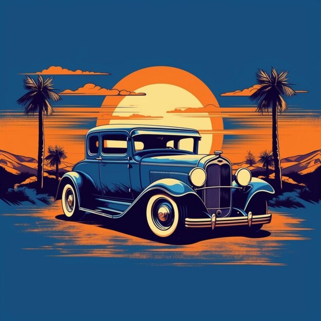 Photo a vintage car in front of the sunset