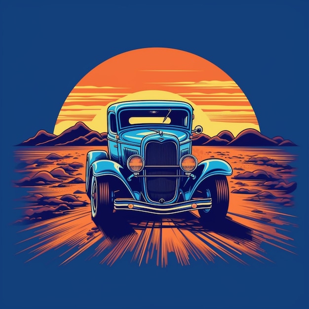 Photo a vintage car in front of the sunset