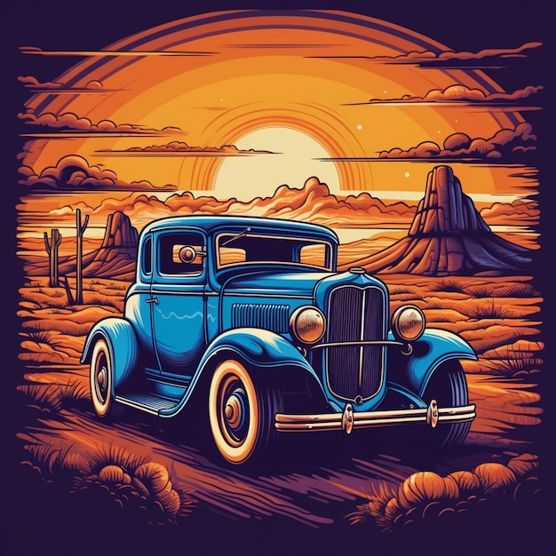 Photo a vintage car in front of the sunset