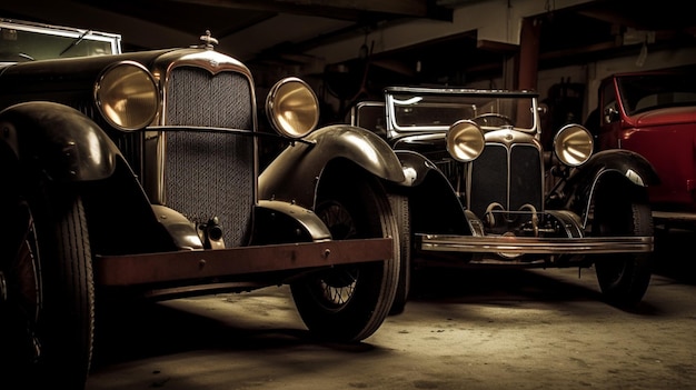 A vintage car in a garage with the word ford on the front.