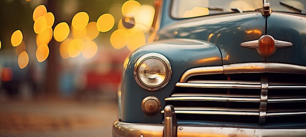 Photo vintage car headlights with beautiful blurred bokeh effect of sunset in the background