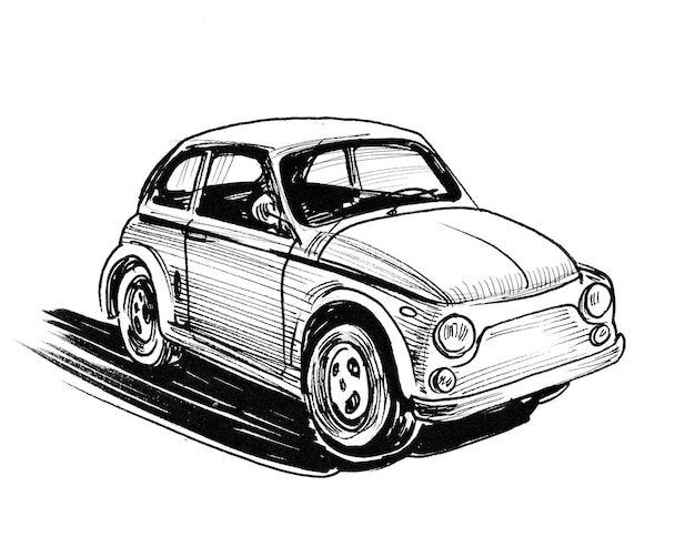 Vintage car. Ink black and white drawing