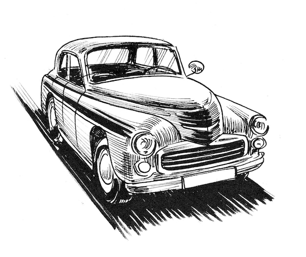 Vintage car. Ink black and white drawing