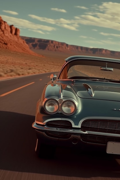 A vintage car is driving down a road in the desert.