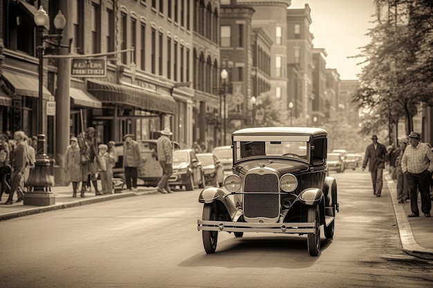 A vintage car is driving down a street in front of a building with a sign that says ford on it.