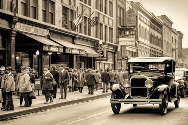 A vintage car is driving down the street in front of a store called the ford.