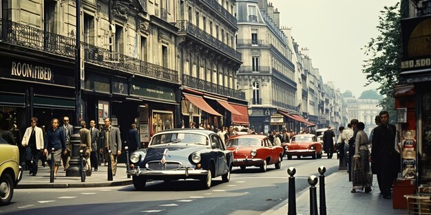 Photo a vintage car is driving down the street with other cars