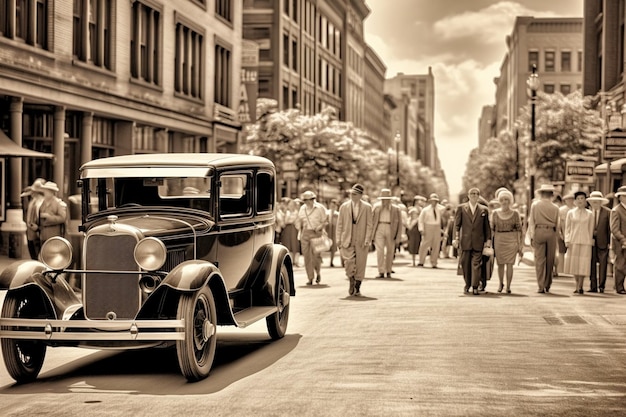 A vintage car is driving down a street with people walking in the background.