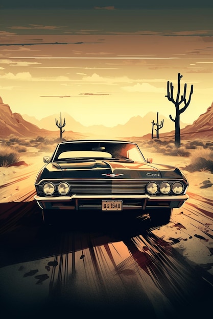 A vintage car is driving through a desert with the license plate bgg on the front.