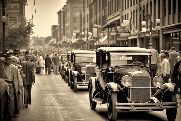 A vintage car is lined up on a street in front of a crowd of people.