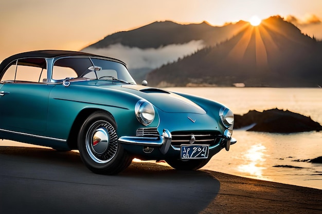 A vintage car is parked on the beach in front of a sunset.