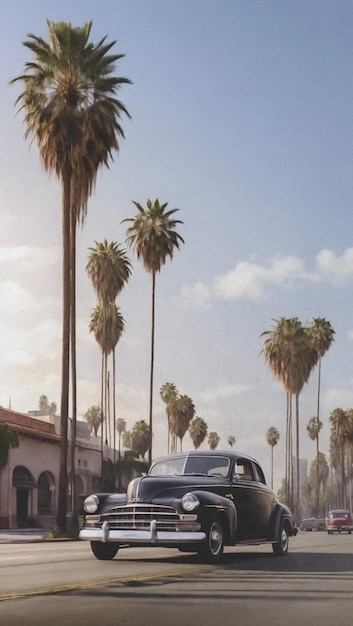 Foto una macchina d'epoca è parcheggiata di fronte a un edificio con palme