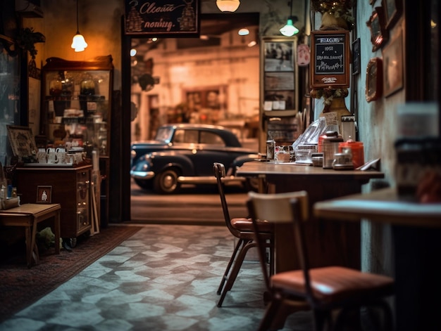 A vintage car is parked in front of a vintage cafe.