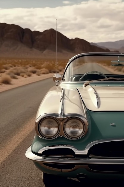 A vintage car is parked on a road in the desert.