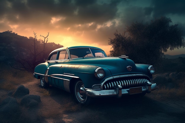 A vintage car is parked on a road in front of a sunset.