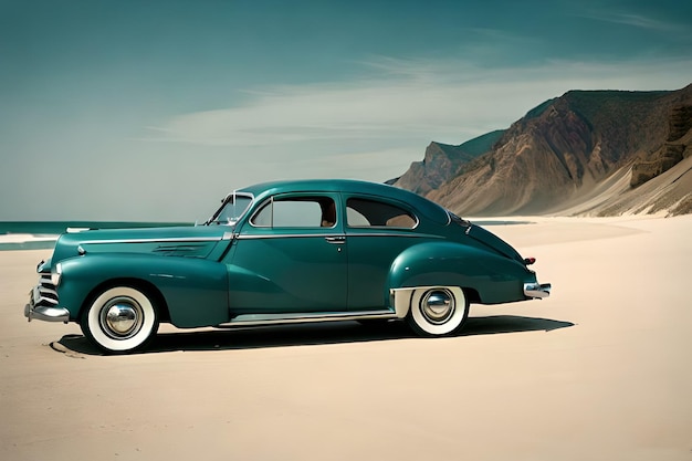 A vintage car is parked in the sand.