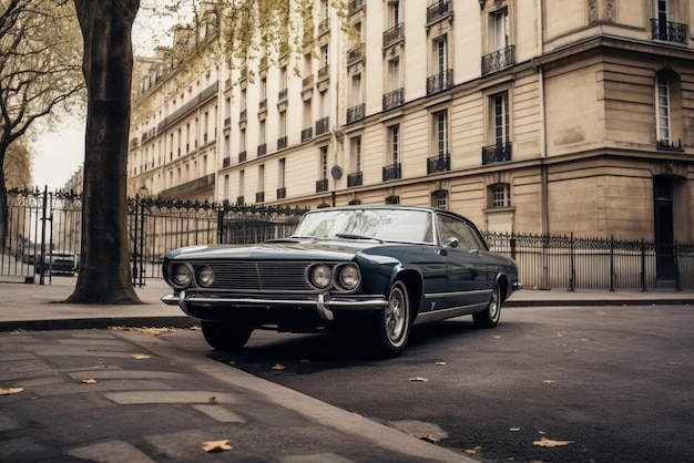 A vintage car is parked on a street in paris.