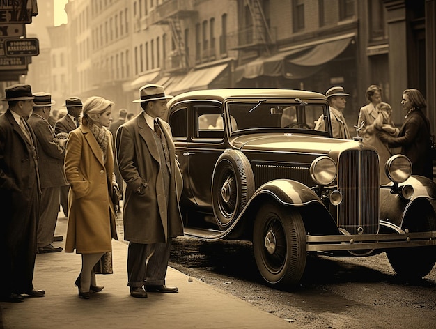 A vintage car is parked on the street with a man in a hat and a woman in a long coat.