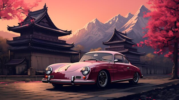 vintage car on a japanese scene