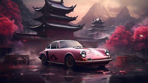 vintage car on a japanese scene