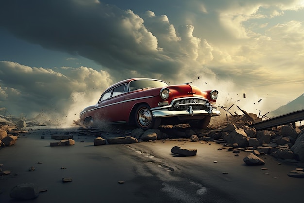 Vintage car in the middle of the road 3d render car accident AI Generated