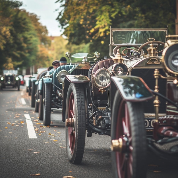 Foto parata di auto d'epoca per le strade della città automobili d'epoca in movimento