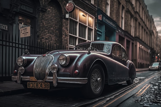 Vintage car parked on the busy street surrounded by the hustle and bustle of modern life