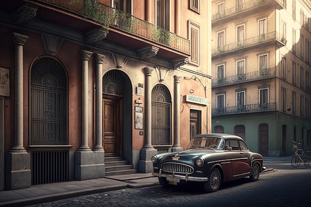 Vintage car parked on contemporary street with surrounding buildings and architecture visible