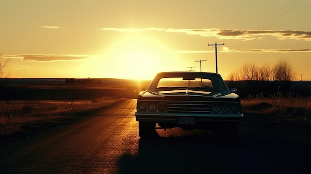 Foto auto d'epoca parcheggiata su una strada di campagna al tramonto con ombre di luce dell'ora d'oro