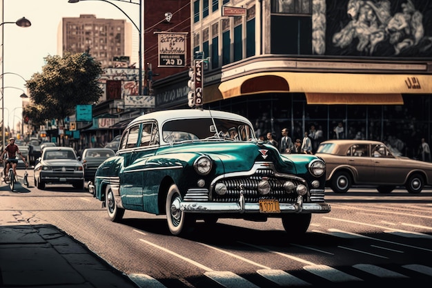 Vintage car parked in the middle of busy intersection with traffic going by