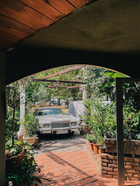 녹색 정원의 페르골라 근처에 주차된 빈티지 자동차