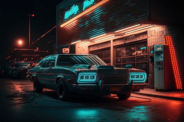 Vintage car parked neon lights on the scene