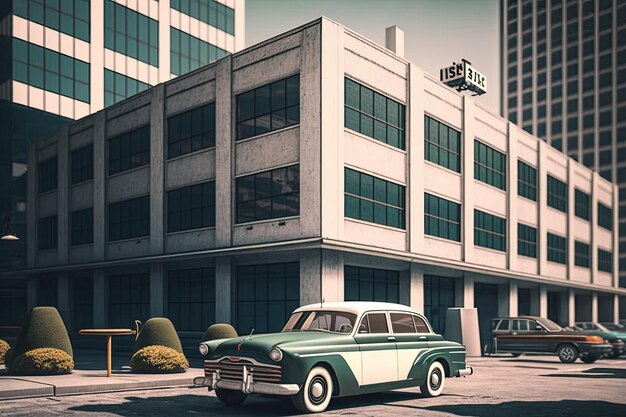 Vintage car parked in stylish and modern parking lot surrounded by modern buildings